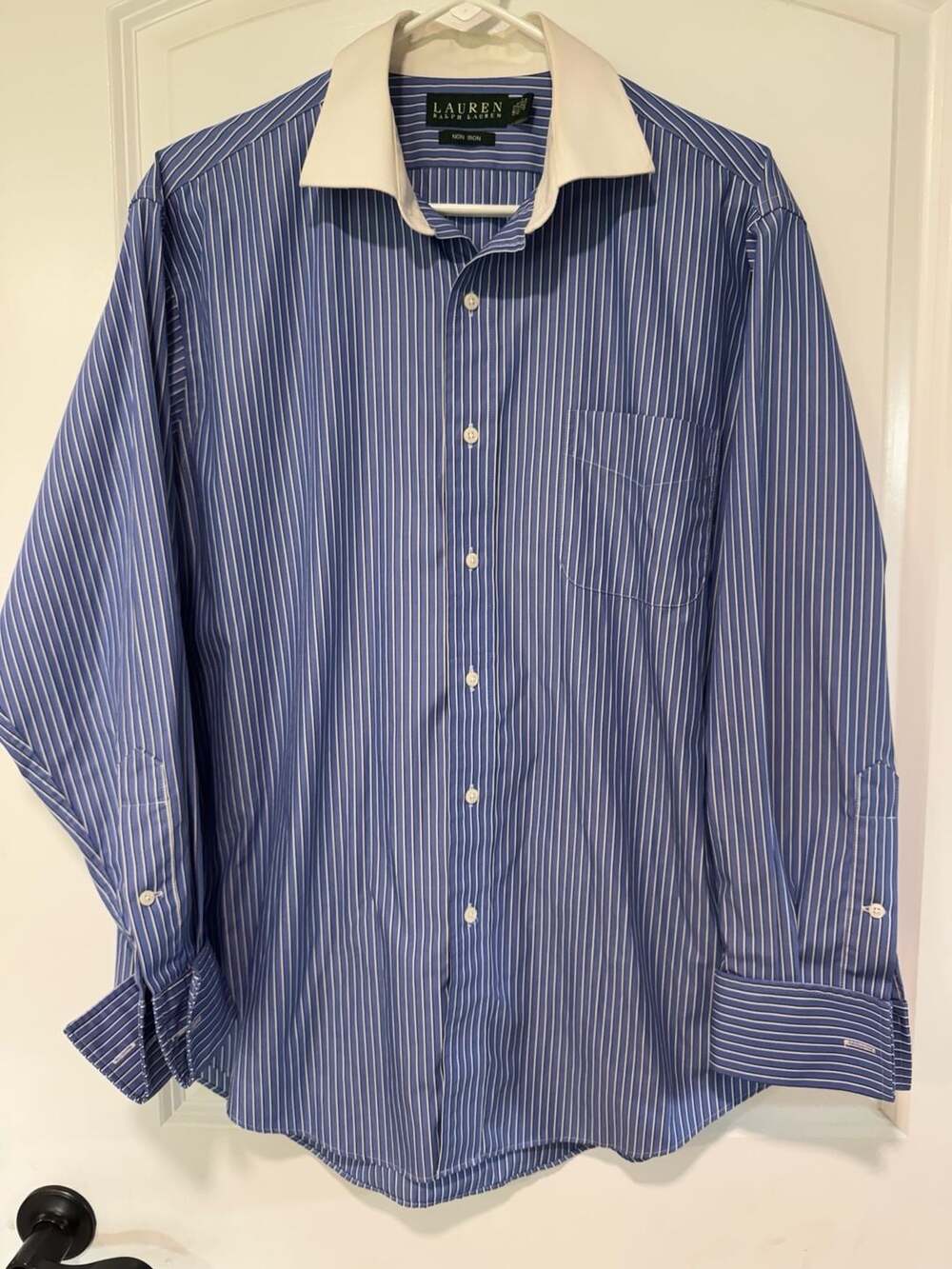Ralph Lauren Blue Stripe French Cuff Dress Shirt White Collar Size 16 34/35